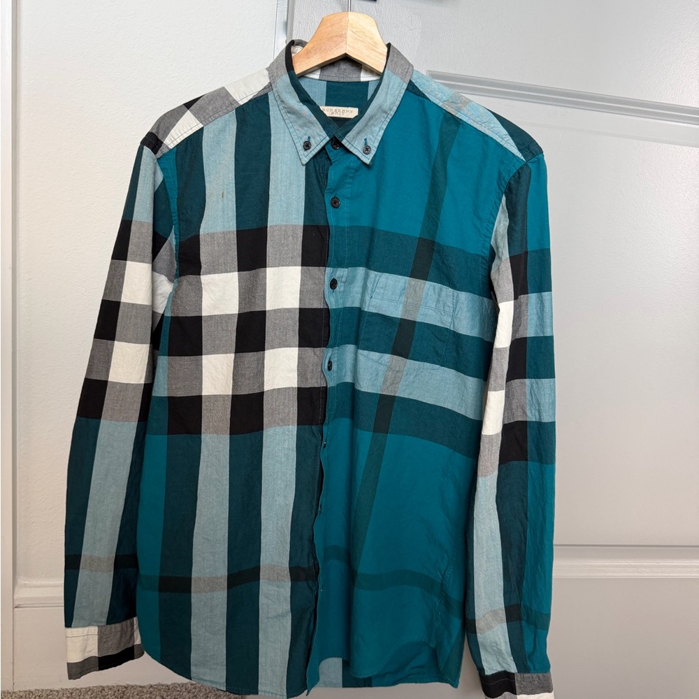Burberry Teal and Black Plaid Men's Shirt